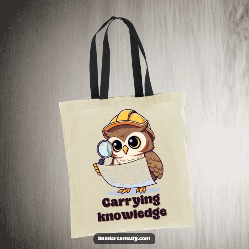 Curious owl with construction helmet and magnifying glass, cute tote bag for planners.